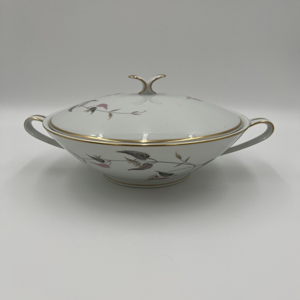 Noritake Arden 5603 Covered Vegetable Bowl Round Pink Grey Leaf‎ Gold Trim Japan